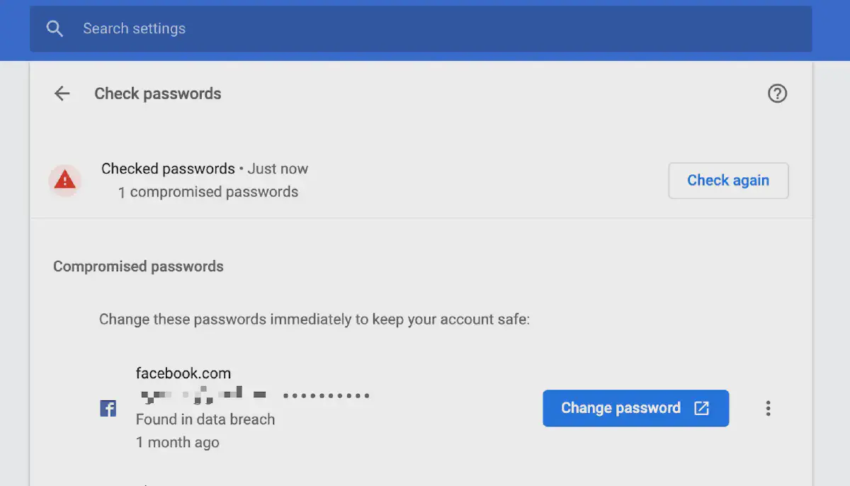 Chrome's password manager warning of a compromised password on Facebook.com with a 'Change Password' action (source https://web.dev)